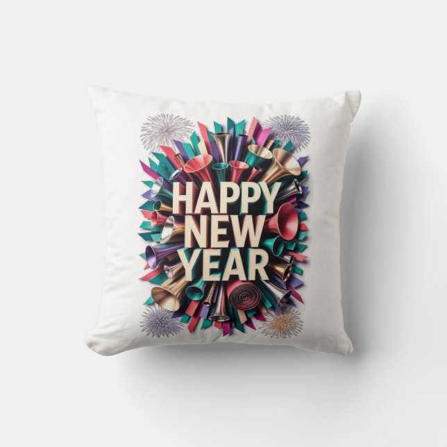 New Year's Party Horn T-Shirt, Confetti Burst Throw Pillow (Front)