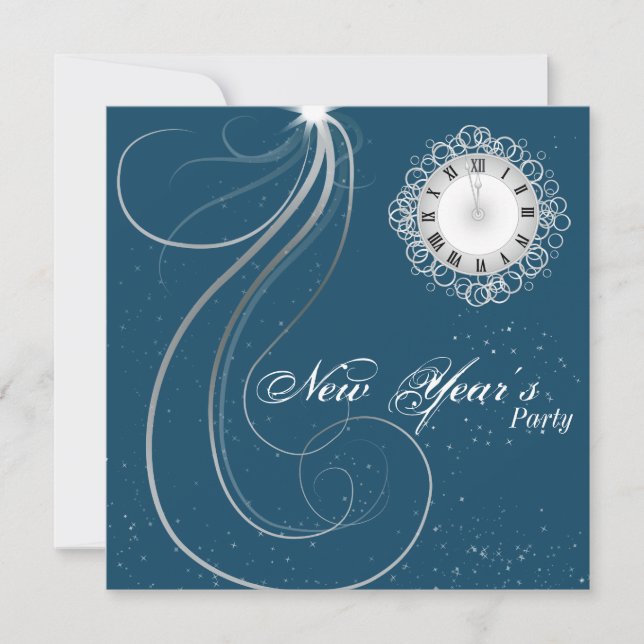 New Year's Party Invitation - Silver & Teal Clock (Front)