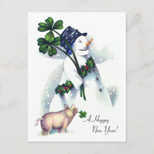 New Year's Snowman with Lucky Pig Holiday Postcard