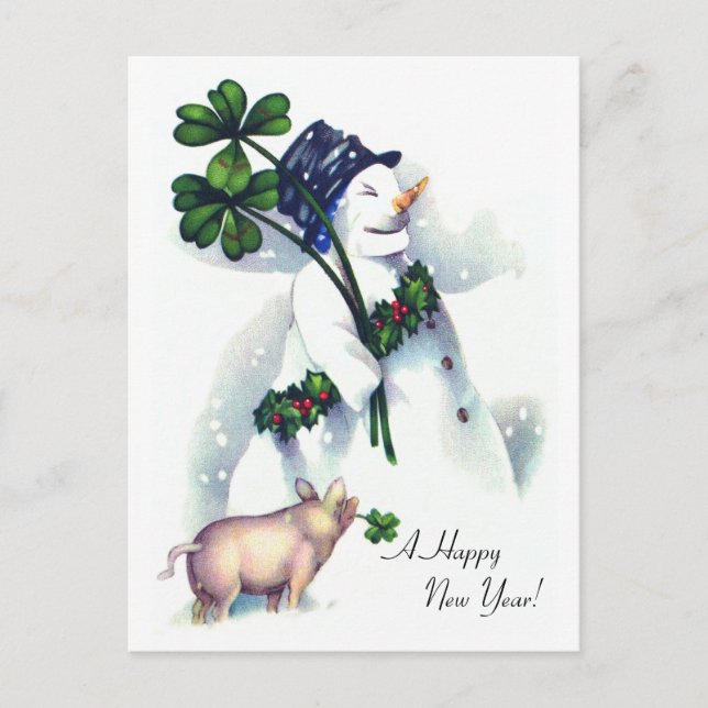 New Year's Snowman with Lucky Pig Holiday Postcard (Front)