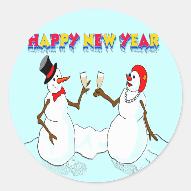 New Year's Snowmen Classic Round Sticker (Front)