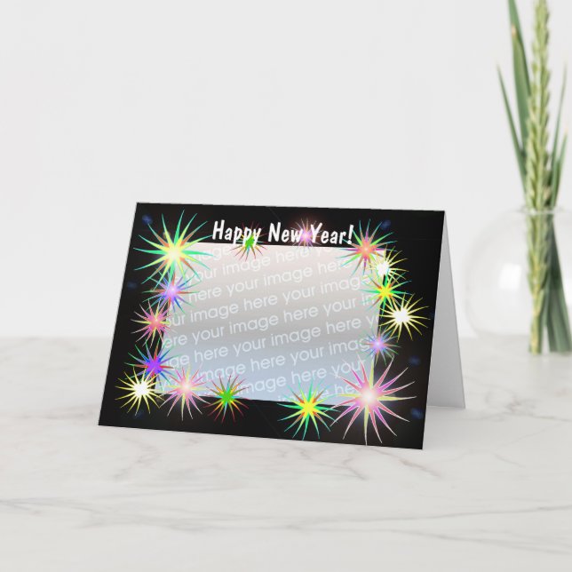 New Years Starblast on Black (photo frame) Holiday Card (Front)