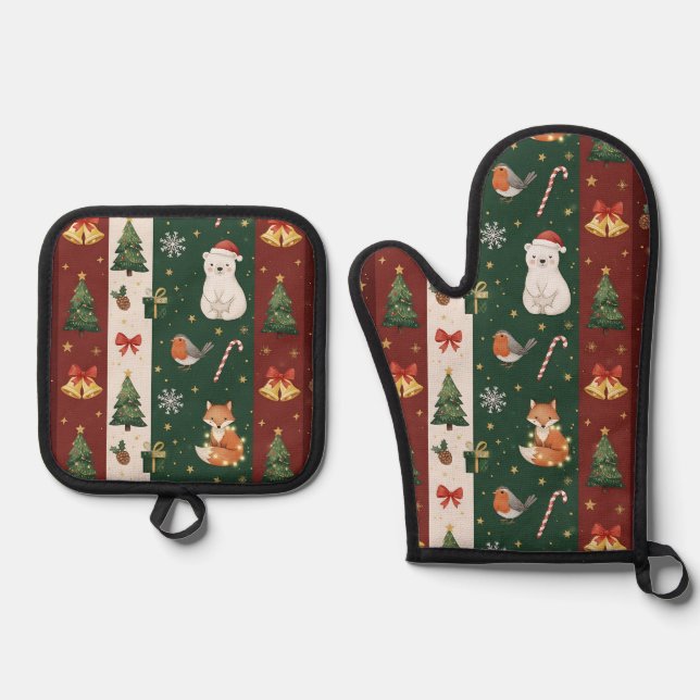 New Year's texture of fabric and packaging, bears, Oven Mitt & Pot Holder Set (Front)