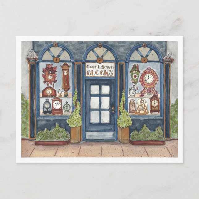 New Years Vintage Clock Shop Watercolor Postcard (Front)