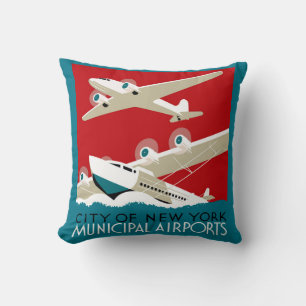 New York Airports, Vintage 1936 WPA Travel Poster Throw Pillow