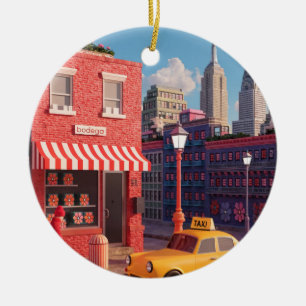 New York Bodega Taxi Illustration Poster Ceramic Ornament