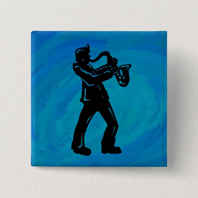 New York Boogie Nights Saxophone Blue 2 Inch Square Button (Front)
