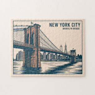 New York Brooklyn Bridge Skyline Bold Retro Travel Jigsaw Puzzle