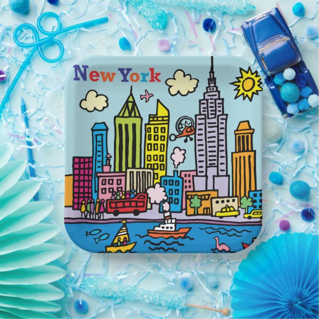 New York Cartoon Sightseeing Buildings Paper Plate (Party)