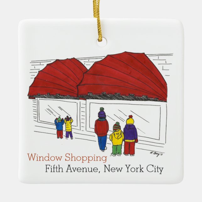 New York Christmas Fifth Avenue Window Shopping Ceramic Ornament (Front)