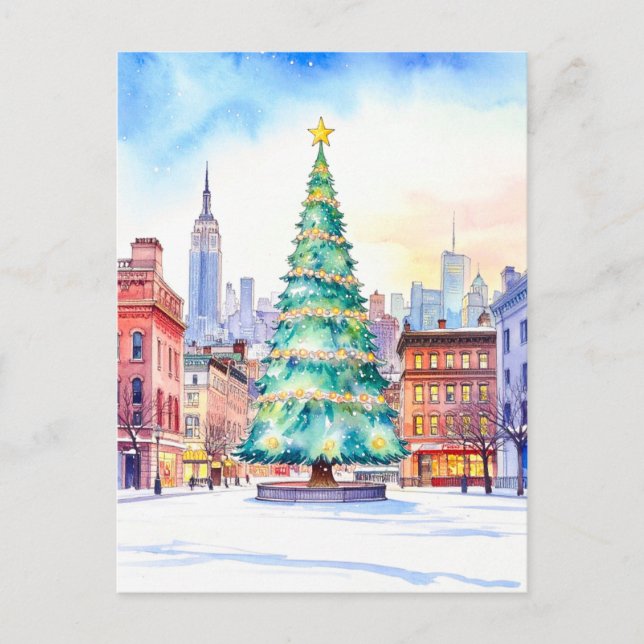 New York Christmas Tree and Skyline Postcard (Front)