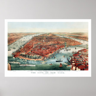 New York City, 1870 Bird's Eye View Map Print