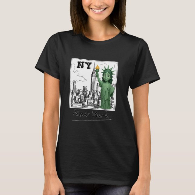 New York City Baby Statue of Liberty Skyline Sketc T-Shirt (Front)