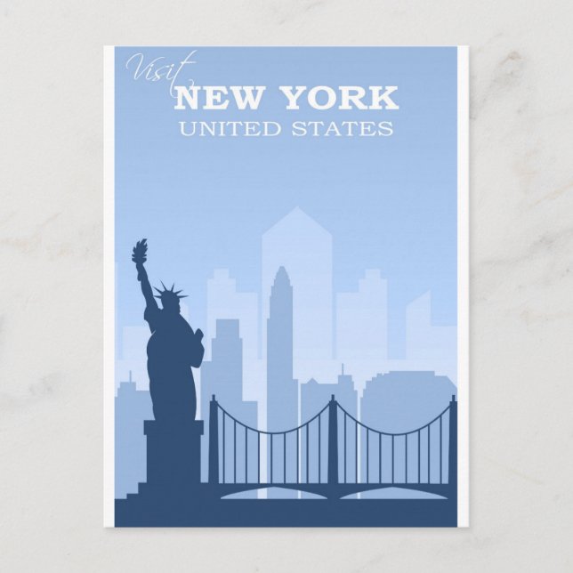 New York City Blue Vintage Travel Postcard (Front)