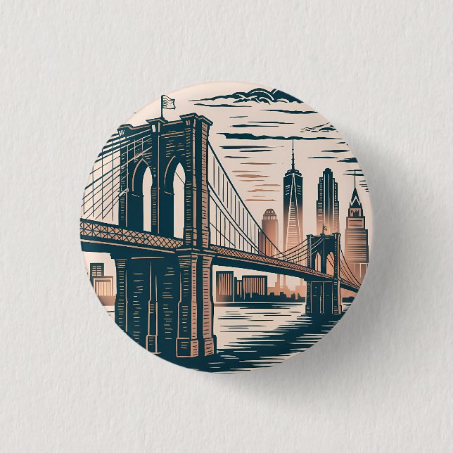 New York City Brooklyn Bridge Bold Retro Skyline  1 Inch Round Button (Front)