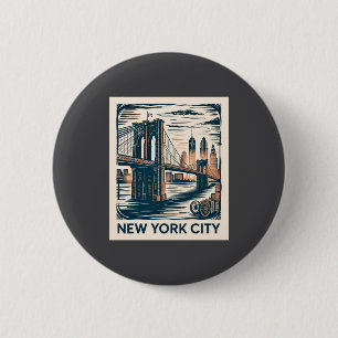 New York City Brooklyn Bridge Bold Retro Skyline 2 Inch Round Button