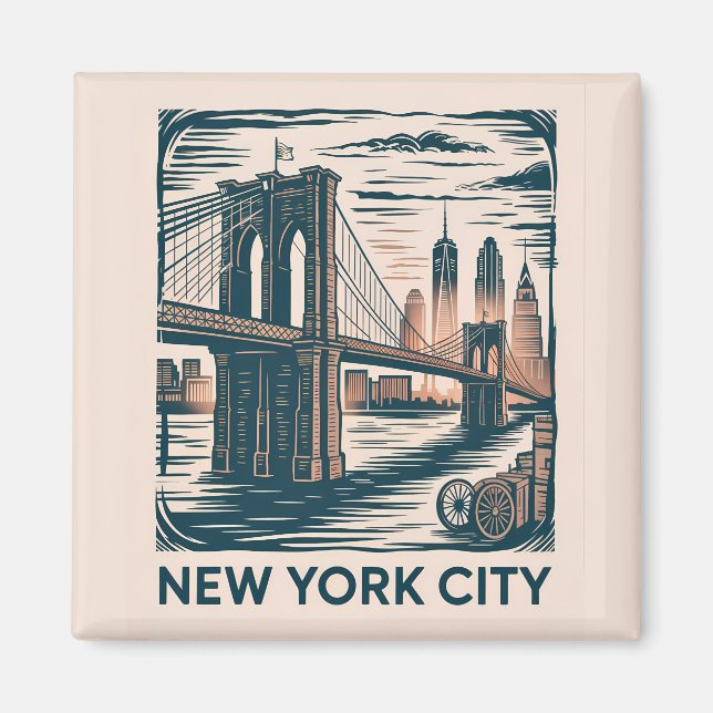 New York City Brooklyn Bridge Bold Retro Skyline  Magnet (Front)