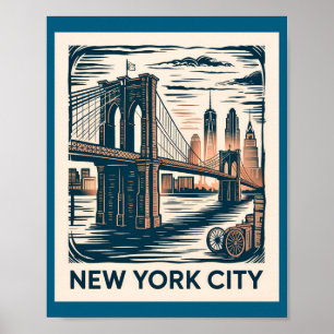 New York City Brooklyn Bridge Bold Retro Skyline Poster