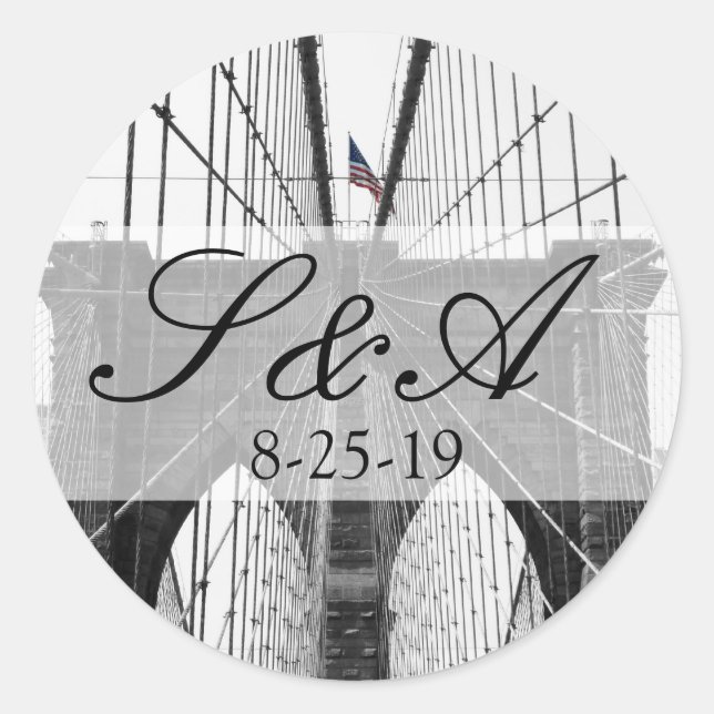 New York City Brooklyn Bridge Wedding Classic Round Sticker (Front)