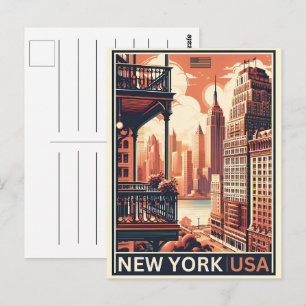 New York City buildings Vintage balcony view Postcard