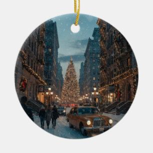 New York City Christmas Street Poster Ceramic Ornament