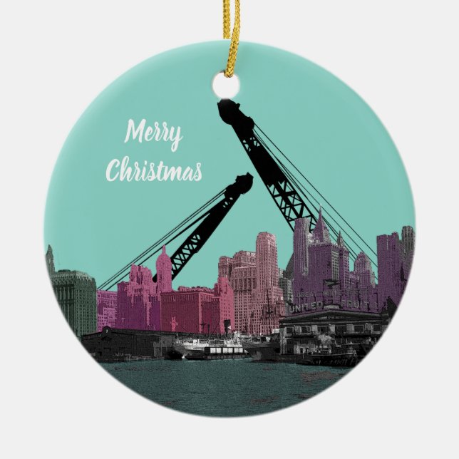 New York City Crane Operator 1930's Skyline Comic Ceramic Ornament (Front)