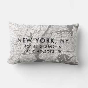 New York City Custom Map   Black White Grey Lumbar Pillow
