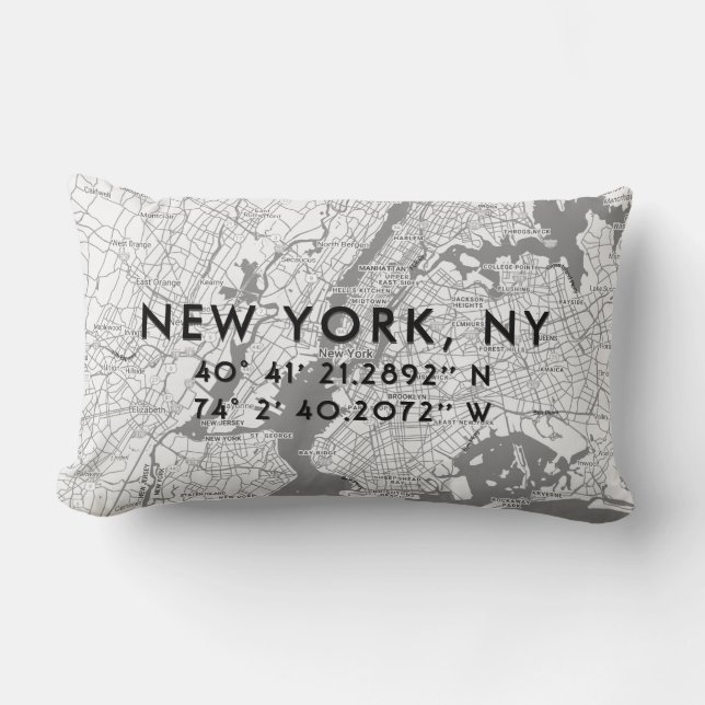 New York City Custom Map | Black White Grey Lumbar Pillow (Front)