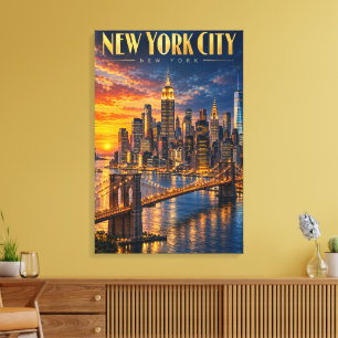 New York City Golden Skyline Sunset Travel Poster Canvas Print