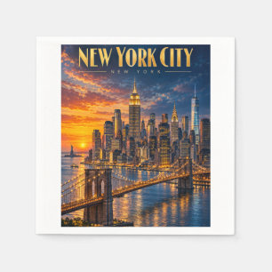 New York City Golden Skyline Sunset Travel Poster Napkin