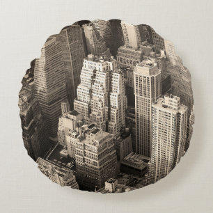 New York City Manhattan skyline aerial view black Round Pillow
