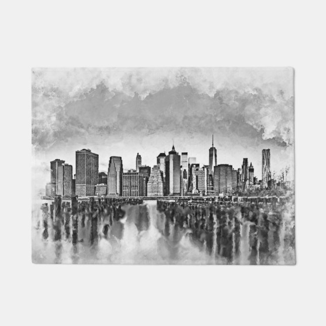 New York City Manhattan Skyline- black and white Doormat (Front)