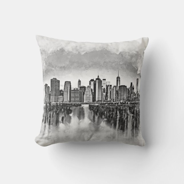 New York City Manhattan Skyline- black and white Throw Pillow (Front)