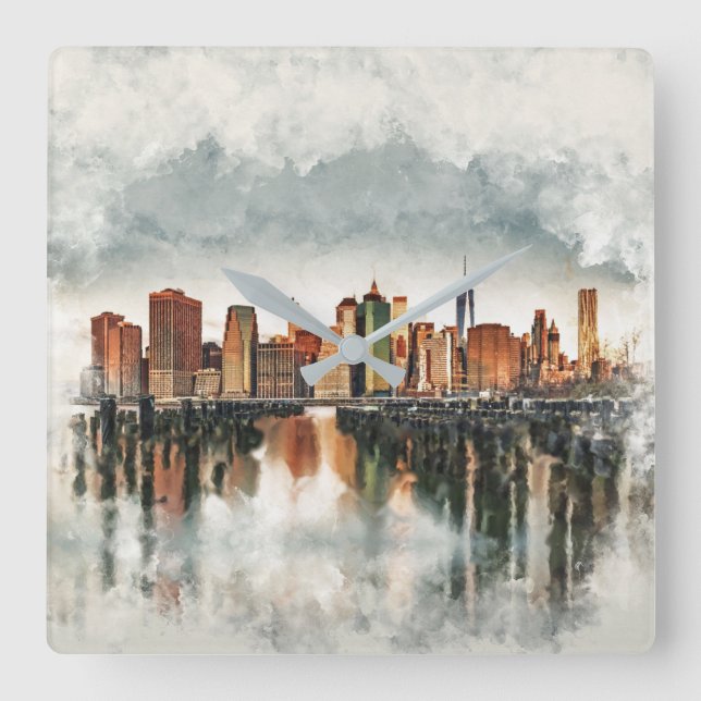 New York City Manhattan Skyline- mixed media Square Wall Clock (Front)