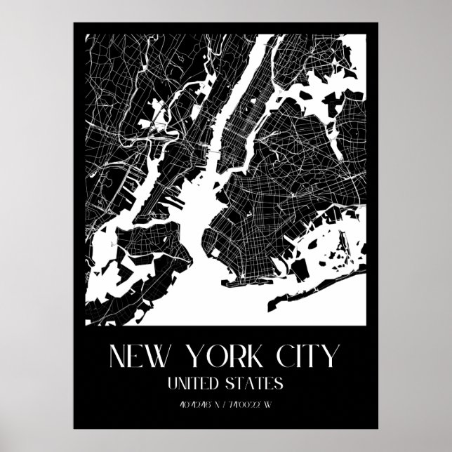 New York City Map - Black and White Poster (Front)