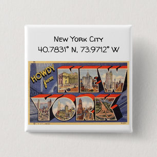 New York City Map Coordinates Vintage Style 2 Inch Square Button