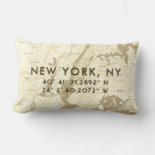 New York City Map Custom Coordinates   Beige Lumbar Pillow