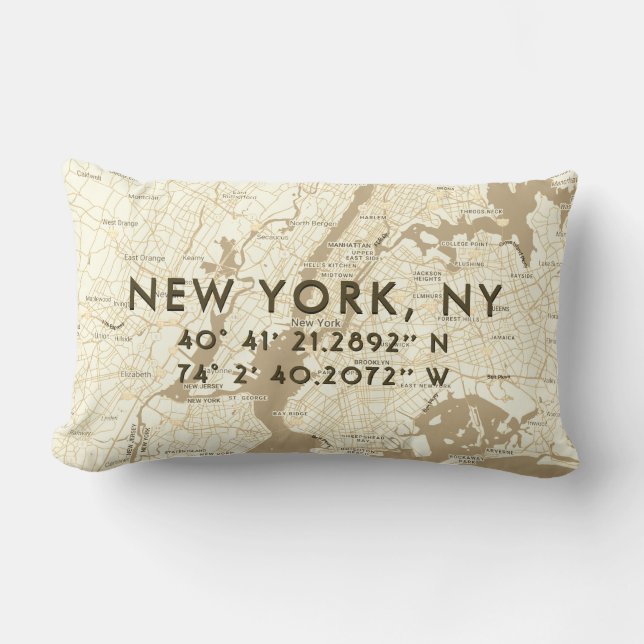 New York City Map Custom Coordinates | Beige Lumbar Pillow (Front)