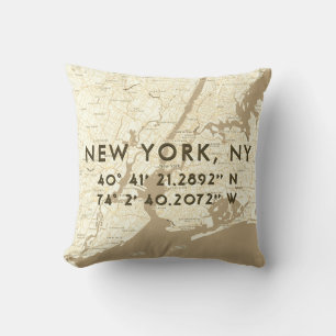 New York City Map Custom Coordinates   Beige Throw Pillow