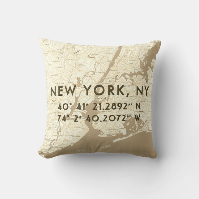 New York City Map Custom Coordinates | Beige Throw Pillow (Front)