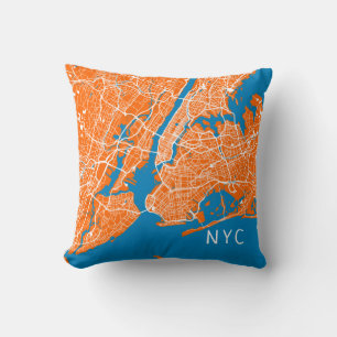 New York City Map   NYC   Orange & Blue Throw Pillow