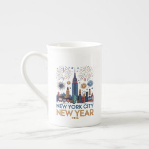 New York City New Year 2026 Fireworks Skyline Bone China Mug