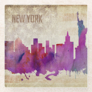 New York City, NY   Watercolor City Skyline Glass Coaster