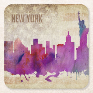 New York City, NY Watercolor City Skyline Square Paper Coaster