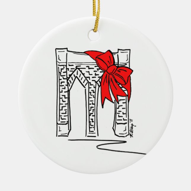New York City NYC Brooklyn Bridge Bow Christmas Ceramic Ornament (Front)