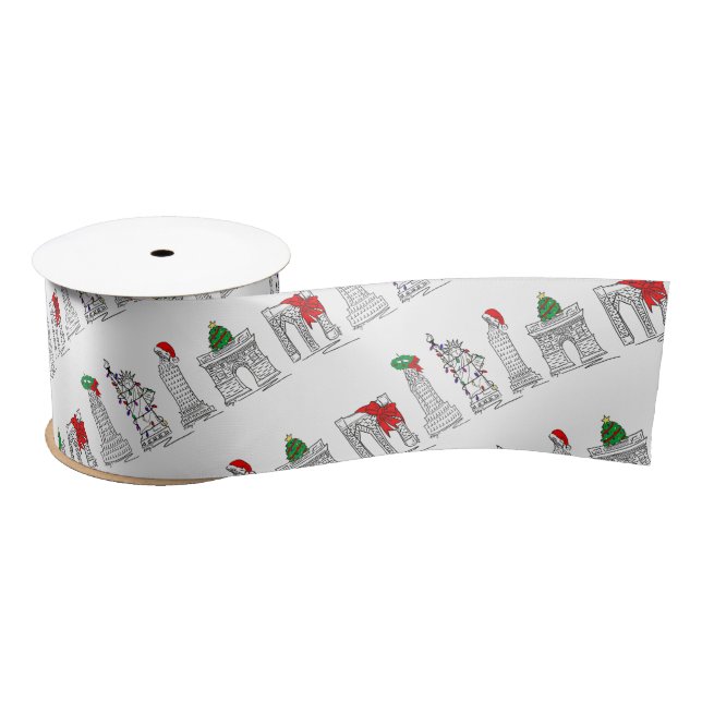 New York City NYC Christmas Landmarks Architecture Satin Ribbon (Spool)