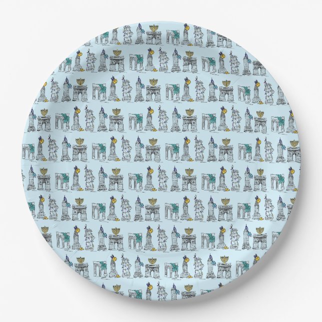New York City NYC Hanukkah Landmarks Architecture Paper Plate (Front)
