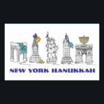 New York City NYC Happy Hanukkah Chanukah Holiday Sticker<br><div class="desc">Features an original pen-and-ink illustration of various New York City landmarks "dressed up" for the holiday season. Perfect for Hanukkah!

This Chanukah illustration is also available on other products. Don't see what you're looking for? Need help with customization? Contact Rebecca to have something designed just for you.</div>