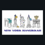 New York City NYC Happy Hanukkah Chanukah Holiday Sticker<br><div class="desc">Features an original pen-and-ink illustration of various New York City landmarks "dressed up" for the holiday season. Perfect for Hanukkah!
This Chanukah illustration is also available on other products. Don't see what you're looking for? Need help with customization? Contact Rebecca to have something designed just for you.</div>