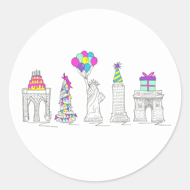 New York City NYC Landmarks Birthday Party Classic Round Sticker (Front)